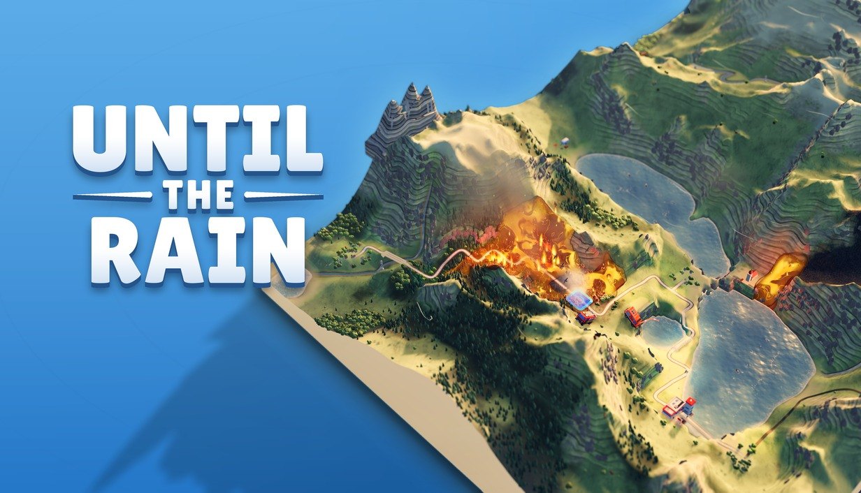Until the Rain: the Alps as a miniature board on a blue sea, a fire burning on the slope, the logo on the water