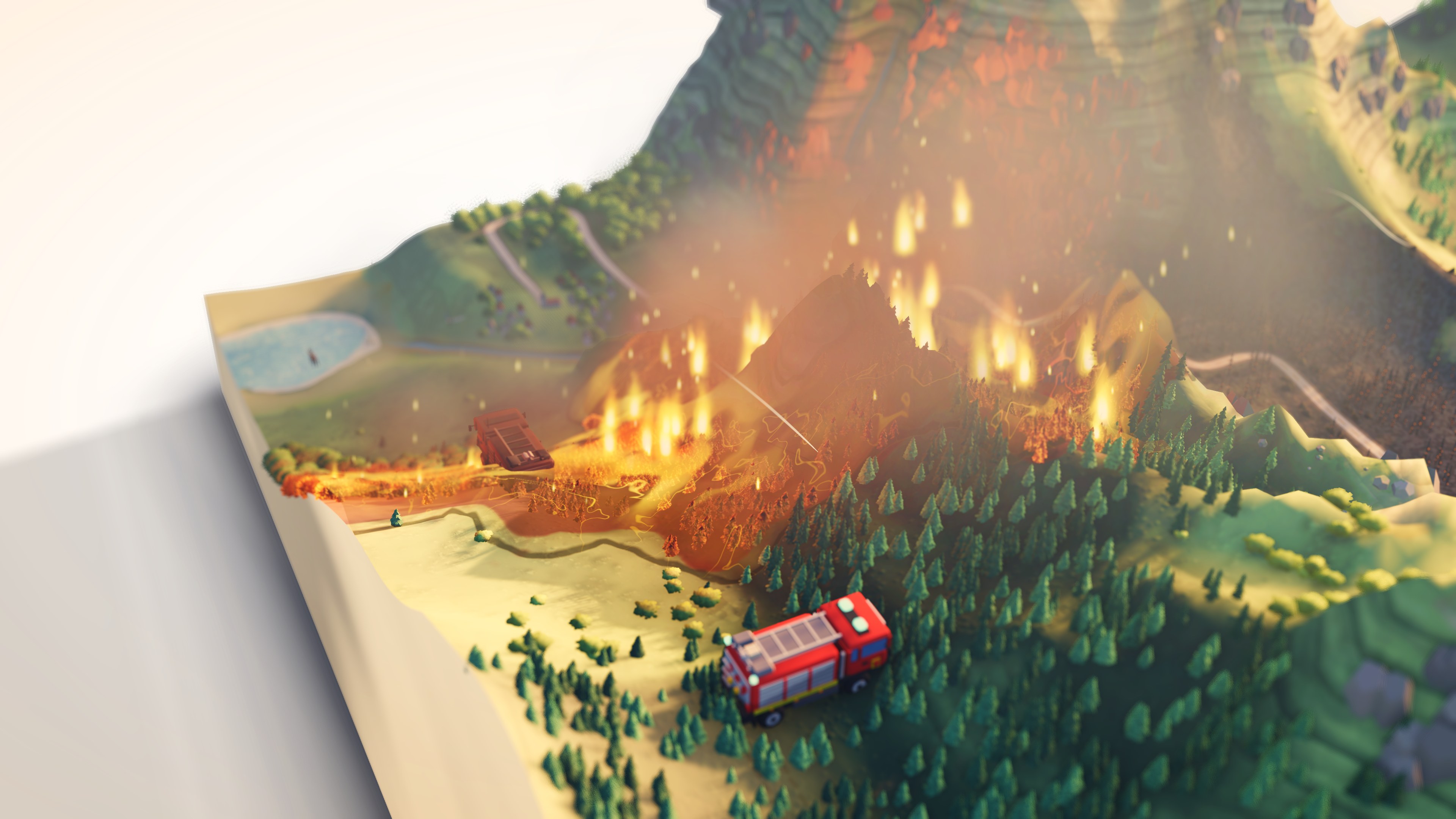 A fire runs up a forested slope in the Alps while a fire truck drives in